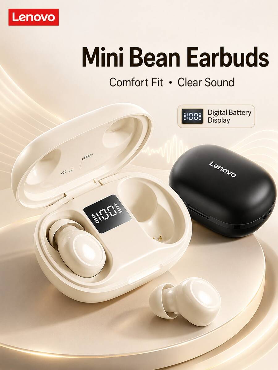 Lenovo Wireless Bluetooth 5.4 Earbuds, Mini Invisible Noise Cancelling Earphones With ENC Microphone, LED Display Charging Case And Deep Bass, Compatible With IPhone And Android Phones