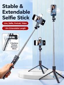 Tripod Tongkat Selfie yang Dapat Diperpanjang 1,8m dengan Pegangan Anti-Guncangan Manual, Remote Bluetooth Nirkabel, Lampu Pengisi Kecantikan Tunggal/Ganda Opsional, Dudukan Ponsel Portabel, Cocok untuk Selfie Perjalanan, Vlog, dan Siaran Langsung - View 9