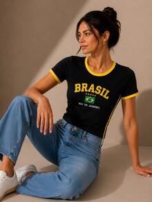 Women's Brazil Y2K Shirt – Long Baby Look - Hitam - View 2
