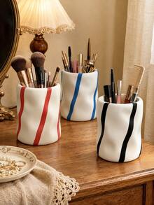 Asymmetrical Pleated Makeup Brush Holder Vertical Striped Cosmetic Storage Cup Red Blue Black Stripes Vintage Farmhouse Style Vanity Desktop Cute Decor Gift - Striped Corrugated Storage - View 6