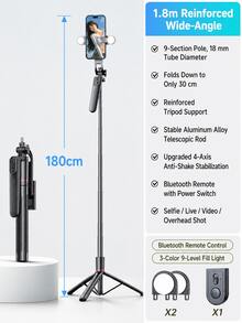 Tripod Tongkat Selfie yang Dapat Diperpanjang 1,8m dengan Pegangan Anti-Guncangan Manual, Remote Bluetooth Nirkabel, Lampu Pengisi Kecantikan Tunggal/Ganda Opsional, Dudukan Ponsel Portabel, Cocok untuk Selfie Perjalanan, Vlog, dan Siaran Langsung - View 14