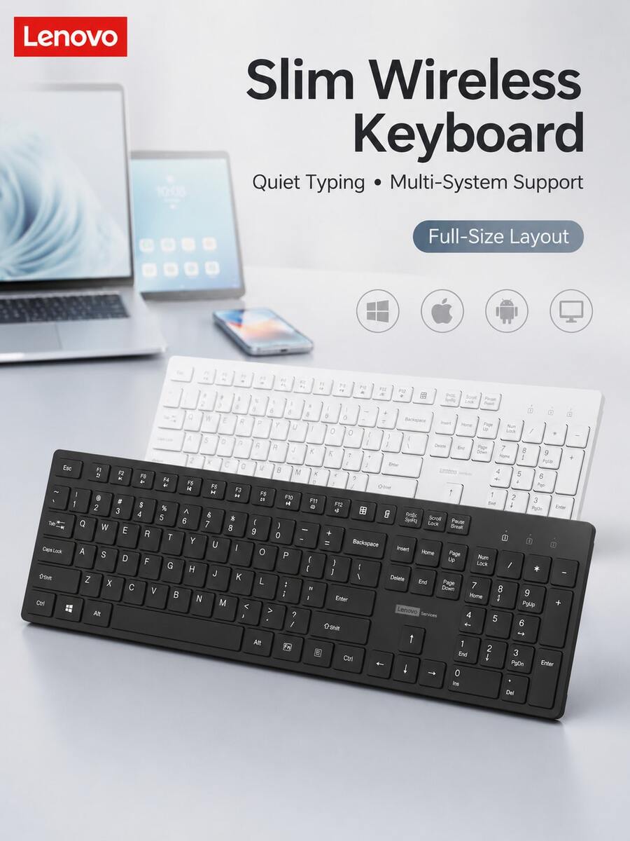 Keyboard Nirkabel Lenovo dengan 104 Tombol, Keyboard Kantor Ukuran Penuh 2.4G dengan Tombol Numerik, Keyboard Slim dengan Tutup Tombol Cokelat untuk Laptop dan Desktop PC - View 1