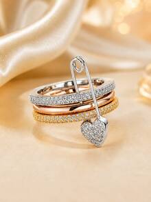 1 pieza Anillo de mujer con diseño único de triple anillo e incrustaciones de circonita cúbica - JZ24069 - Ver 15