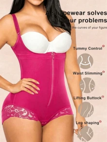 1pc Women's Shapewear, Abdominal Compression, Colombian Style Body Shaper, Zipper Front Jumpsuit - Hot Pink - View 2