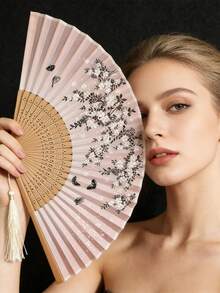 1 pièce Éventail pliant classique, motif de fleurs de cerisier, éventail pliant en bambou tissé à la main avec pompon vintage - Cadeau élégant pour femmes, cadeau de mariage, éventail à main traditionnel chinois, convient pour le printemps et l'été, décoration de mariage et décoration intérieure - Multicolore - Voir 2