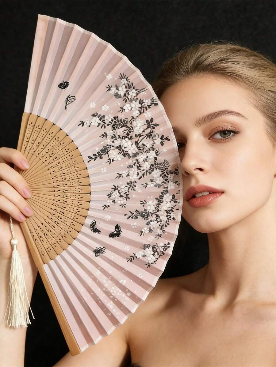 1 pieza Abanico plegable clásico, patrón de flores de cerezo, abanico plegable de bambú tejido a mano con borlas vintage - Regalo elegante para mujeres, regalo de boda, abanico de mano tradicional chino, adecuado para primavera y verano, decoración de boda y decoración del hogar - Multicolor - Ver 1