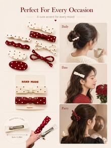 2pcs Women's Cute Polka Dot Bow Duckbill Hair Clips, Suitable For School, Commuting, Party And Multiple Occasions, Front Hair/Side Bangs Clip, Ancola Red/Milk White Multi-Style Polka Dot Ins Influencer Hair Accessory, 6cm Portable Size, Secure Grip, Versatile Daily Hair Clip (Suitable For Fixing Bangs Or Forehead), Claw Clip Style, Ideal Choice For Women's Hair Accessories - Random Color/style - View 7