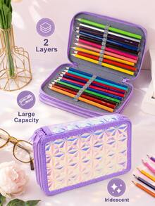 A Purple Gradient Square Pattern 2-Layer Pencil Case, Portable Pencil Case Suitable For Artists And Art Students, A Back-To-School First Day Of School - Purple - View 8