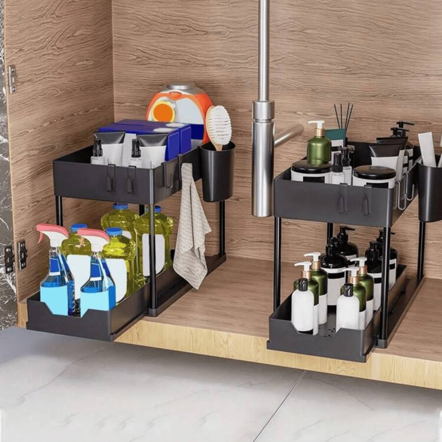 1 pièce Grand étagère de rangement à double couche avec design de style tiroir - Noir - Voir 1