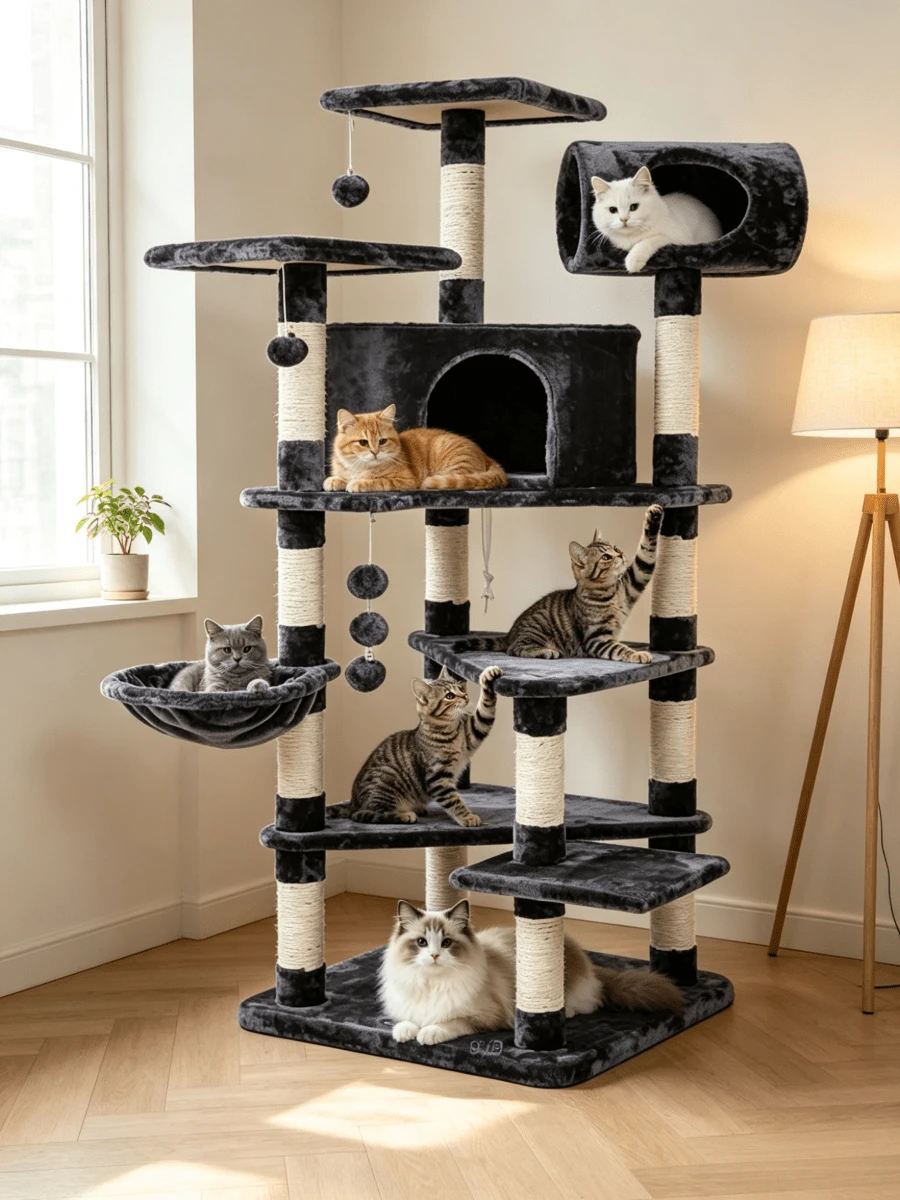 Árbol para gatos grande de 65 pulgadas, - Postes de arañeo de sisal natural, casa para mascotas, adecuado para gatos de interior, 2 cuevas para gatos, 5 perchas de felpa, postes de arañeo y juguete para gatos - Multicolor - Ver 1