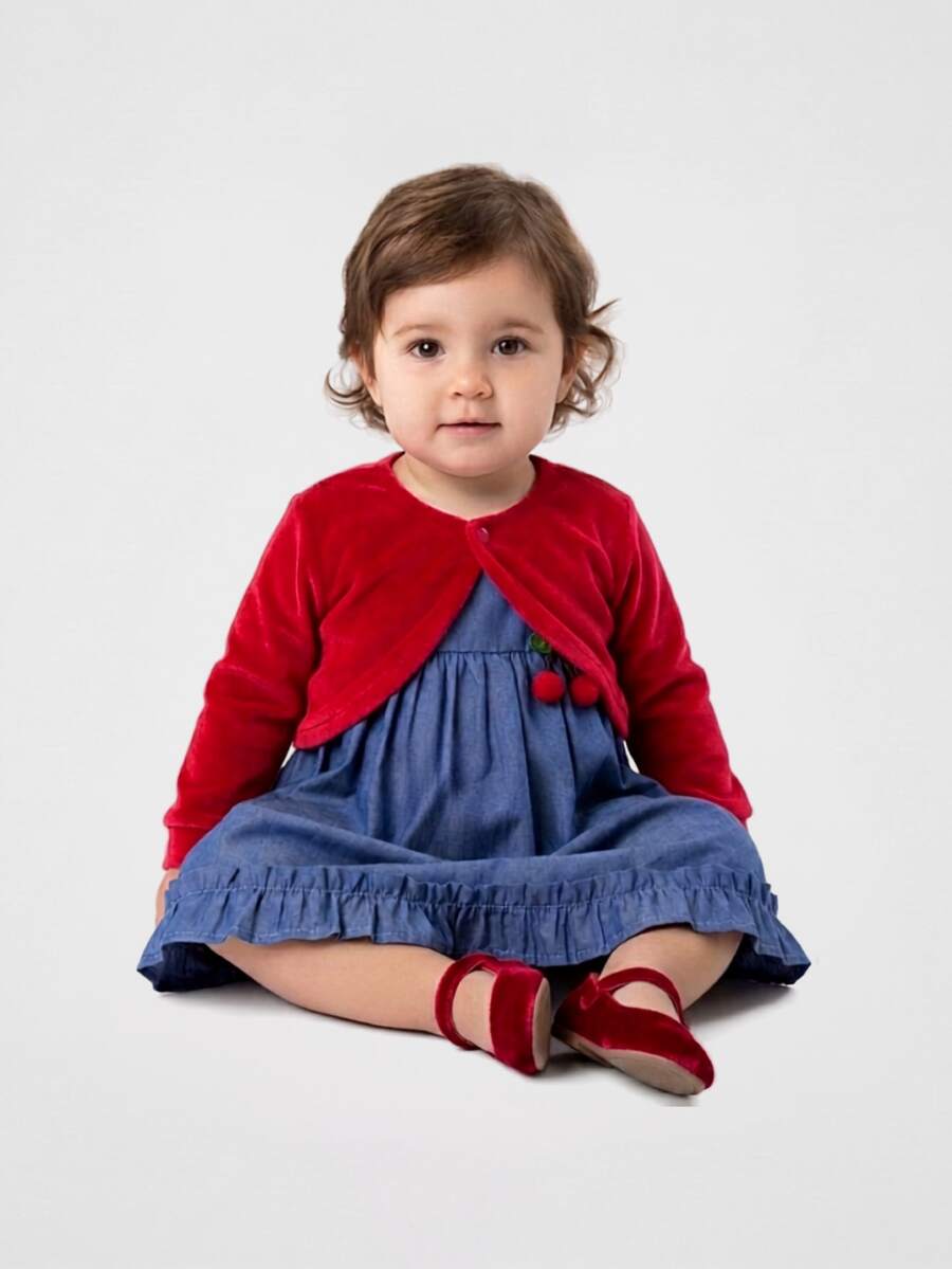 Mundo Nina Kids Vestido Bebê Menina Jeans Aplique Cereja Algodão com Bolero Vermelho Manga Longa Kit 2 Peças Infantil 2 Meses a 4 Anos - Vermelho - Visão 1