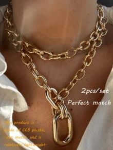 1 Piece Of Simple And Fashionable Metal Gold Chain Creative Thick Chain Multi-Layer Necklace For Women To Wear At Parties Every Day - Gold - View 14