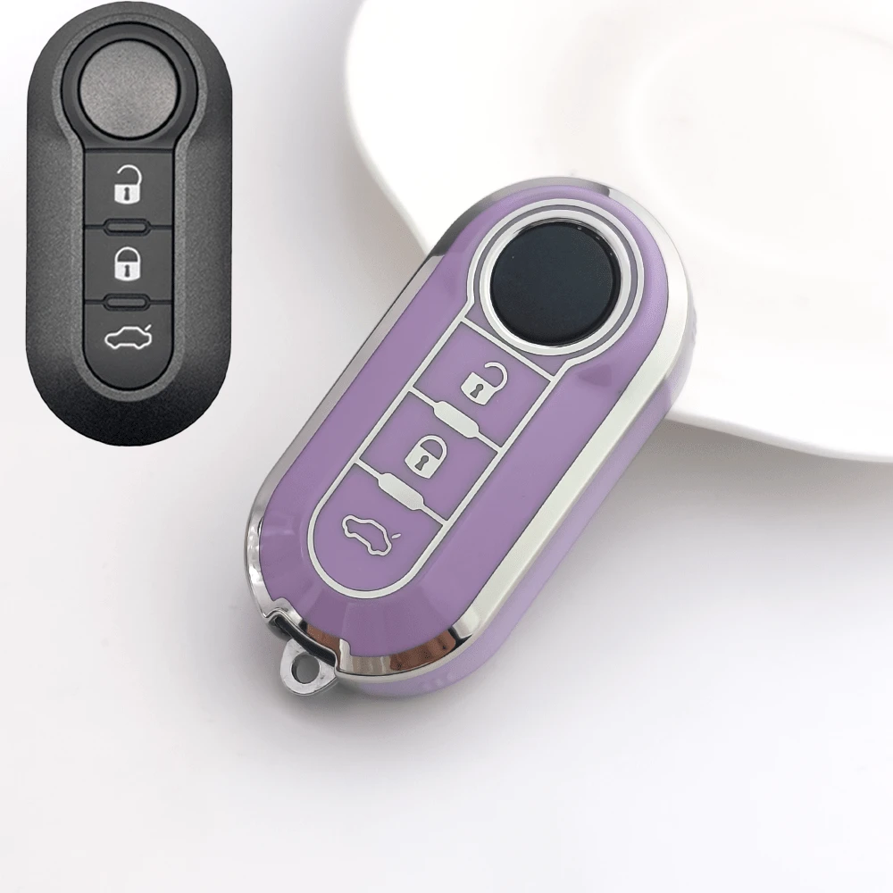Suitable For Fiat 500/Panda/Punto/Panda 3-Button Car Key Cover, Luxury Electroplated Full Coverage Anti-Scratch Anti-Drop TPU Protective Shell, Unisex Fashion Button Style Key Fob Accessory, Car Key, Auto Accessory, Key Cover - Fiat - View 1