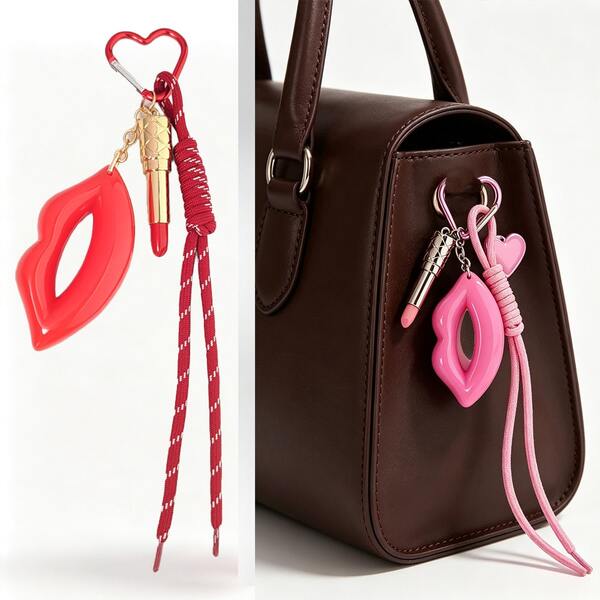 1pc Y2K Hollow Lip-Shaped Bag Charm, Pink Lipstick Keychain, Peach Red 3D Hollow Lip-Shaped Keychain, College Style, With Shoelace-Style Hanging Strap