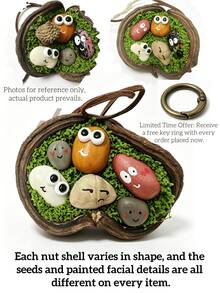 1PC Natural Smiling Seed Pod Keychain, Handmade Buddha's Coconut Pendant, Boho Forest Style Bag Charm For Purse, Unique Nature Gift For Her - Multicolor - View 12
