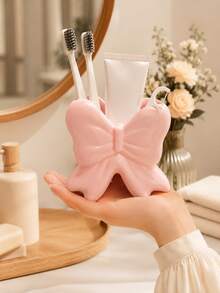 1pc/2pcs Ins Style Girl Big Bow Toothbrush Holder, Glossy Ribbon Design Bathroom Storage Organizer, Pink White Black 3 Colors, Cute Aesthetic Vanity Decor Gift - Multicolor - View 7