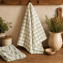 2pcs Vanilla Plant Plaid Kitchen Towels, Microfiber Soft Easy To Clean, Kitchen Hand Towel, Dish Cloth, Baking Home Use - Mint Green - View 5