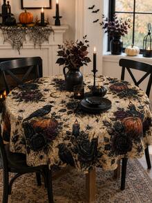 1pc Antique Beige Raven Candle Halloween Tablecloth, Dark Gothic Polyester Round Table Cover With Pumpkins, Black Roses, Moons, Spiderwebs And Dripping Candle Print For Dining Room, Kitchen, Haunted Party And Autumn Home Decor - A - View 10