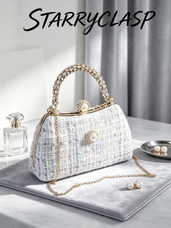 Gentle Lady Style Colorful Plaid Tweed Clutch Bag, Full Rhinestone Handbag With Pearl Lock, Luxury Date Mini Crossbody Bag