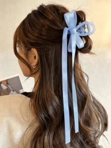 1件女款純色雙層蝴蝶結緞帶髮夾，適合日常使用，優雅可愛 - 淺藍 - 查看 7