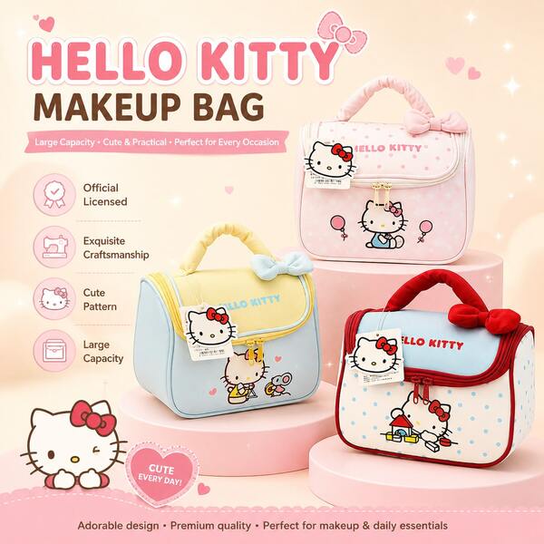 SANRIO Officially Licensed Hello Kitty Series Sweet Makeup Bag, Portable Travel Cosmetic Bag, Multi-Functional Large Capacity Handbag, Exquisite Pattern Suitable As A Gift For Friends