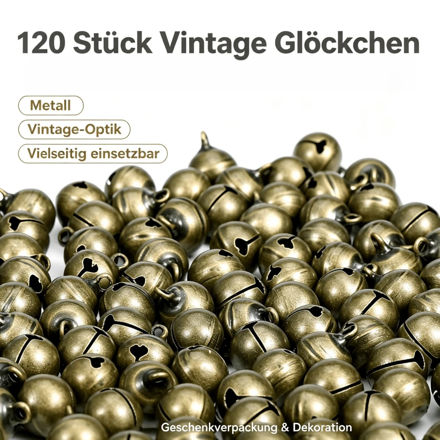 Naler 120 Stück Vintage Glöckchen Bronze, 12 mm Metall Schellen zum Basteln, für Schmuck, Geschenkverpackung, Weihnachten & Festdekoration - Bronze - Übersicht 1