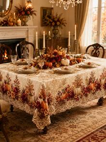 1pc Autumn Pumpkin Maple Leaf Tablecloth, Rustic Farmhouse Polyester Rectangular Table Cover With Fall Leaves And Harvest Pattern, Decorative Dining Tablecloth For Thanksgiving, Family Dinner, Kitchen, Party And Seasonal Home Decor - A - View 2