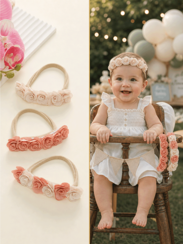 3Pcs Baby Girls Rose Flower Soft Elastic Nylon Headbands Elegant Skin- Hair Accessories For Wedding Party Back To School Gift Summer 2026 New