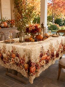 1pc Autumn Pumpkin Maple Leaf Tablecloth, Rustic Farmhouse Polyester Rectangular Table Cover With Fall Leaves And Harvest Pattern, Decorative Dining Tablecloth For Thanksgiving, Family Dinner, Kitchen, Party And Seasonal Home Decor - A - View 3
