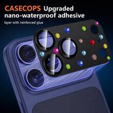 CASECOPS 1件裝黑色橘色鑽石相機鏡頭保護蓋，彩色水鑽相機鏡頭蓋，9H強化玻璃附AR防反光，360度全方位全覆蓋保護，防震防刮防水黏貼，相容手機殼0.2mm薄型設計，簡易安裝，裝飾性藍寶石塗層相機保護蓋，HD清晰拍照品質 - 彩鑽黑 - 查看 3