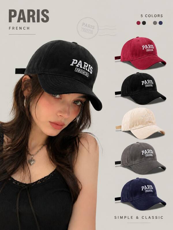 1pc Paris French Embroidered Baseball Cap, Vintage Washed Dad Hat, Adjustable Unisex Casual Outdoor Travel Cap, Breathable Summer Streetwear Hat