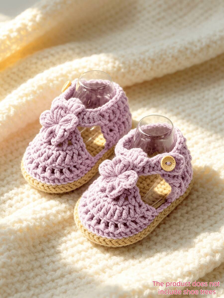 1 Pair Handmade Crochet Infant Prewalker Shoes, Beige With Floral Pattern, Handwoven Straw Style - Mauve Purple - View 1