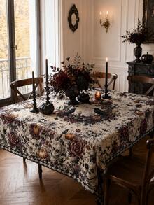 1件米色烏鴉花環萬聖節桌布，哥德風聚酯纖維圓形桌巾，印有黑色烏鴉、骷髏、南瓜、玫瑰、蠟燭與蜘蛛網圖案，適用於餐廳、廚房、派對，室內外秋季裝飾 - H - 查看 7