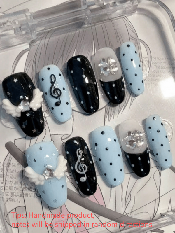 10pcs Hot-Selling Summer Handmade Press-On Nails, Y2K Sweet & Cool Medium Almond Shape Fake Nails, Light Blue & Black Base Color, Polka Dot, 3D Angel Wings, Musical Note, Star & Transparent Rhinestone Decor, Includes Jelly Glue & Nail File Fresh Manicure Set