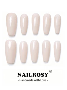 nailrosy 10片裝可穿戴美甲片 裸色米色奶粉色 素色亮面 棺材型/杏仁型 手工穿戴式假指甲 - 米色 - 查看 2