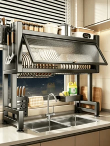 1pc Flip Cover Over Sink Dish Drying Rack - 2-Tier Large Capacity Kitchen Sink Dish Rack, Space Saving, Sturdy And Durable, Equipped With Utensil Storage Basket And Cutting Board Holder, Can Store Bowls, Plates, Tableware And Cutting Boards - Multiple Specifications - View 2
