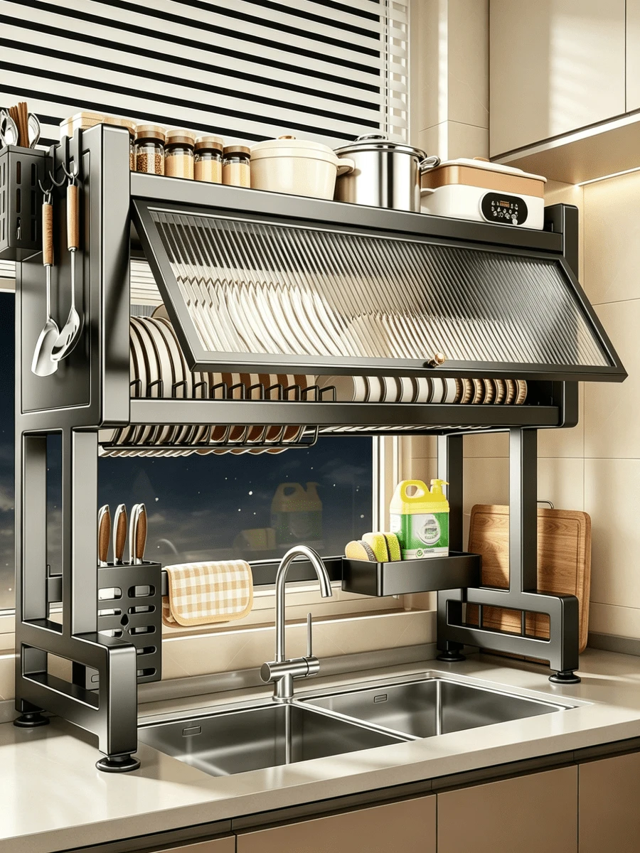 1pc Flip Cover Over Sink Dish Drying Rack - 2-Tier Large Capacity Kitchen Sink Dish Rack, Space Saving, Sturdy And Durable, Equipped With Utensil Storage Basket And Cutting Board Holder, Can Store Bowls, Plates, Tableware And Cutting Boards