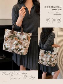 Women's Floral Sequin Embroidered Tote Bag Large Capacity Handbag - Multicolor - View 6