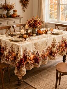 1pc Autumn Pumpkin Maple Leaf Tablecloth, Rustic Farmhouse Polyester Rectangular Table Cover With Fall Leaves And Harvest Pattern, Decorative Dining Tablecloth For Thanksgiving, Family Dinner, Kitchen, Party And Seasonal Home Decor - A - View 7