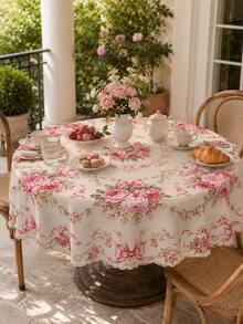 1 pieza Mantel rectangular con lazo de peonía rosa, mantel de mesa de comedor rectangular de poliéster con borde floral de estilo francés vintage, decoración de mesa con cinta de rosa romántica para boda, fiesta de té, cocina del hogar - D - Ver 5