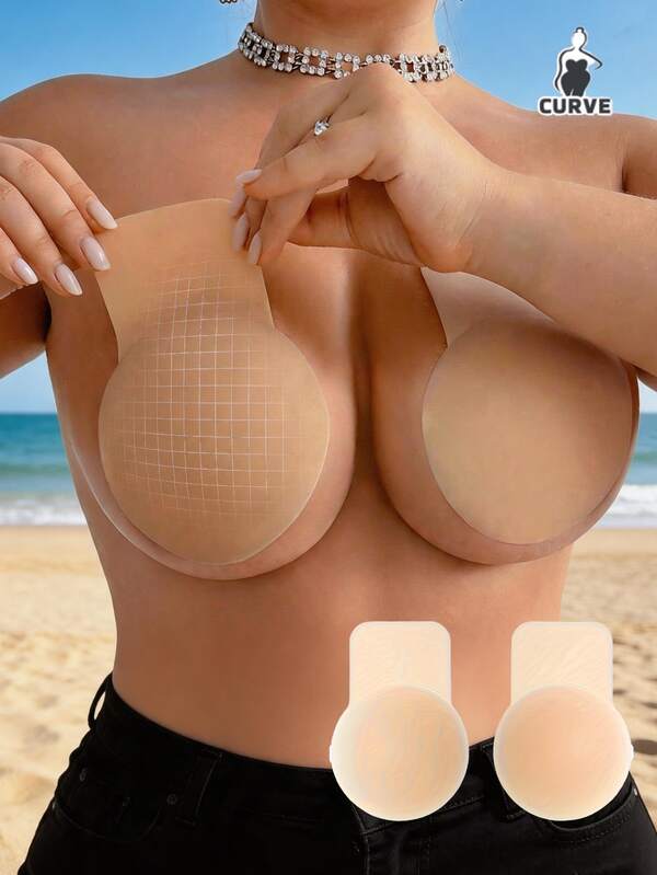 1 Pair Solid Lift Round Nipple Covers, Plus Size, Invisible Adhesive Breast Petals, Suitable For Strapless Clothing