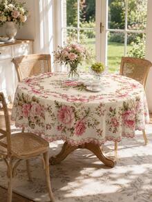 1 pieza Mantel rectangular vintage con flores rosas, cubierta de mesa de comedor de poliéster estilo rococó francés con lazo de rosa, decoración elegante de jardín para fiesta de té, boda y comedor del hogar - H - Ver 1