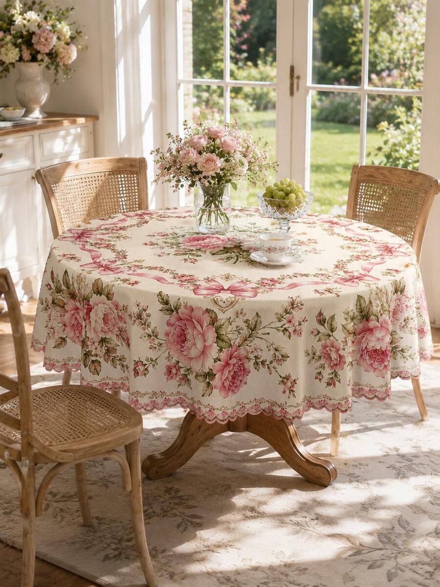1 pieza Mantel rectangular vintage con flores rosas, cubierta de mesa de comedor de poliéster estilo rococó francés con lazo de rosa, decoración elegante de jardín para fiesta de té, boda y comedor del hogar - H - Ver 1
