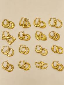 12 Pairs High-Quality 304 Stainless Steel Gold-Plated Rings & Earrings, Hypoallergenic, Anti-Oxidation, Fade-Resistant. Various Styles Including Double Layer, Square, Twisted, Textured And Chain Designs. Lightweight Vintage Minimalist Design, Suitable For Women's Daily Wear, Parties And Special Occasions. Also Suitable For Sensitive Skin. - Multicolor - View 6