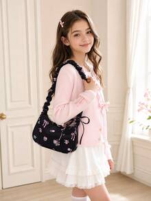 XD 1pc New Floral Bow Print Children's Shoulder Bag, Sweet And Versatile, Zipper Closure, Comfortable Shoulder Strap, Suitable For Kids Outings And Various Occasions, Can Easily Hold Daily Essentials, Fashionable And Versatile - Multicolor - View 4