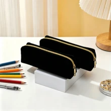 1/2pcs Solid Color Plaid Multifunctional Large Capacity Diamond Pattern Stationery Bag, Student Plush Pencil Case, Backpack Organizer - Black - View 8