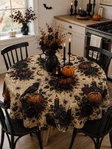 1pc Antique Beige Raven Candle Halloween Tablecloth, Dark Gothic Polyester Round Table Cover With Pumpkins, Black Roses, Moons, Spiderwebs And Dripping Candle Print For Dining Room, Kitchen, Haunted Party And Autumn Home Decor - A - View 1