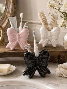 1pc/2pcs Ins Style Girl Big Bow Toothbrush Holder, Glossy Ribbon Design Bathroom Storage Organizer, Pink White Black 3 Colors, Cute Aesthetic Vanity Decor Gift - Multicolor - View 2