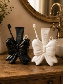1pc/2pcs Ins Style Girl Big Bow Toothbrush Holder, Glossy Ribbon Design Bathroom Storage Organizer, Pink White Black 3 Colors, Cute Aesthetic Vanity Decor Gift - Multicolor - View 9