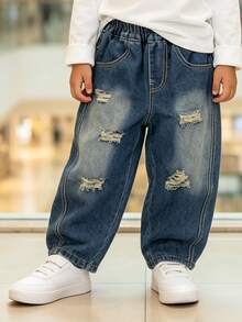 Boys' Toddler Loose Fit Denim Jeans With Back Pocket Embroidery, Autumn Style, Suitable For Back To School, Daily Wear, Outdoor And Home Use - Light Wash - View 3